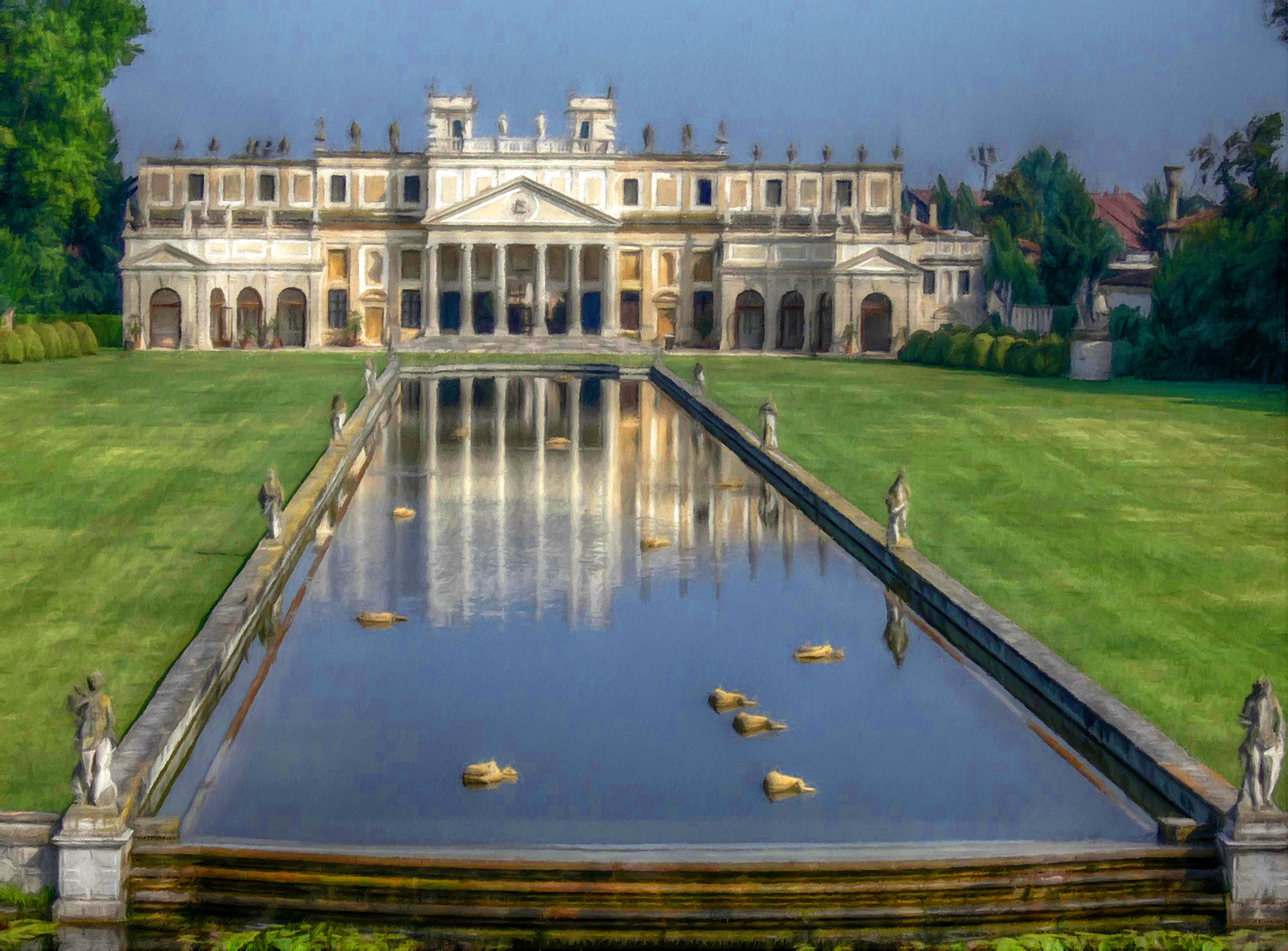 The grand facade of Villa Pisani, a magnificent Venetian villa in Stra, featuring elegant gardens and Baroque architecture.